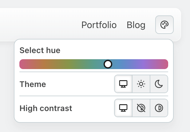 Site theme popover with a hue slider, system/light/dark theme controls, and high-contrast options.