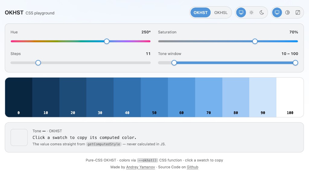 OKHST CSS playground with hue, saturation, steps, and tone window controls, showing an 11-step blue palette from tone 0 to 100.