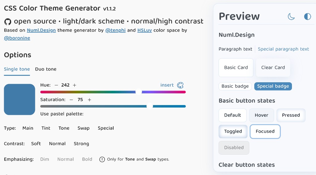 CSS Color Theme Generator at theme.tenphi.me, showing hue and saturation sliders with a live preview of buttons, cards, and badges.